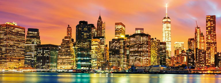 The skyline of New York City at sunset, USA